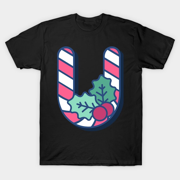 Letter U Initial Christmas Candy Cane Monogram T-Shirt by Sunburst Designs